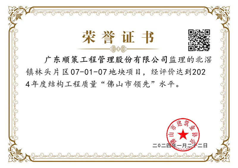 北滘镇林头片区07-01-07地块项目达2024年度结构工程质量“佛山市领先”水平